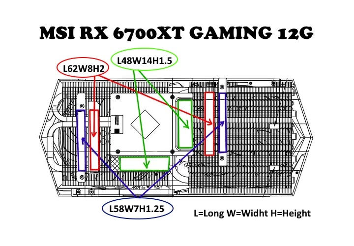 MSI  Radeon RX 6700 XT GAMING X 12G: Thermal Pad Guide (1.25mm, 1.5mm, 2mm)